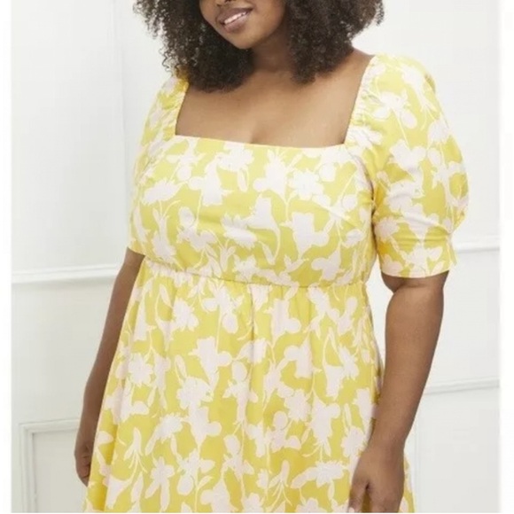Eloquii | Bright Yellow Baby Pink Floral Puff Sleeve Midi Sundress Square Neck - Picture 2 of 9